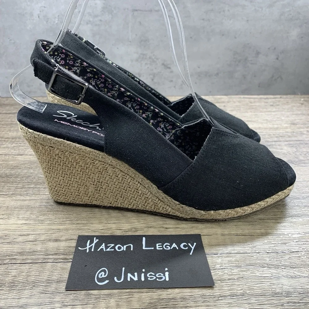 Skechers~Women's~Black Wedge Slingback Heels Shoes~Size 8.5‎ M